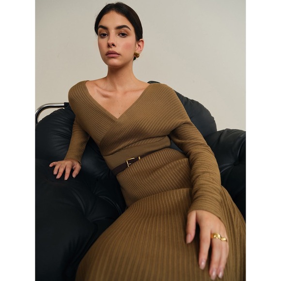 Commense Ribbed Knit Midi Dress Long Sleeve V Neck Olive Career Casual‎ size XS - Picture 7 of 14